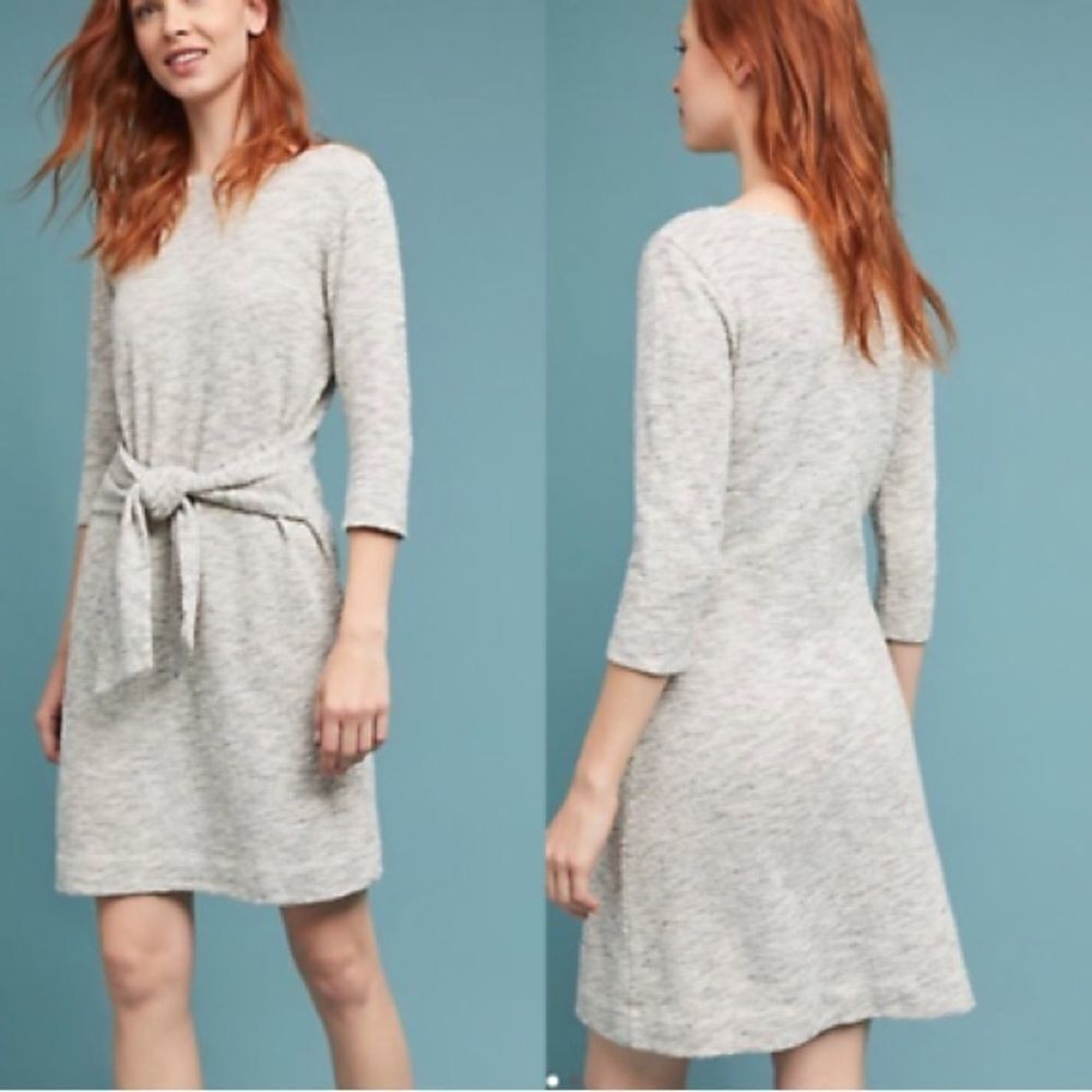ANTHROPOLOGIE Grey heather T.LA 3/4 SLEEVE BECKY‎ Front TIE-WAIST Mini DRESS